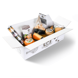 Verschillende (kaas)producten in een witte geschenkdoos.