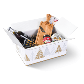 Open witte doos met daarin verschillende (kaas)producten gepresenteerd.