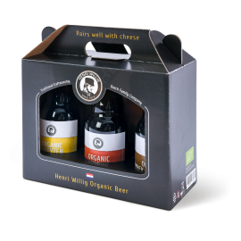 Drie bierflesjes in een zwart geschenkdoosje