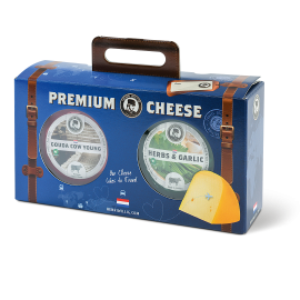 Coffret en carton bleu contenant deux petites meules de fromage.