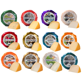 Twelve baby cheeses, each with a small piece of cheese in front.