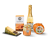 Petit fromage, une bouteille de boisson pétillante à la pomme, un pot de miel et des crackers au fromage.