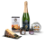 A bottle of cava, 2 types of cheeses, cheese dips, and crackers.