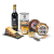 Een fles port, 2 soorten kaas, kaaswafels, potje honing, vijgenbrood en een kleine kaasrasp.
