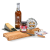 A cheese board with a small cheese knife, a bottle of port, cheese dip, and two cheeses.