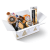 Gift box containing a selection of products, including cheese, a cheese board and cheese knife.