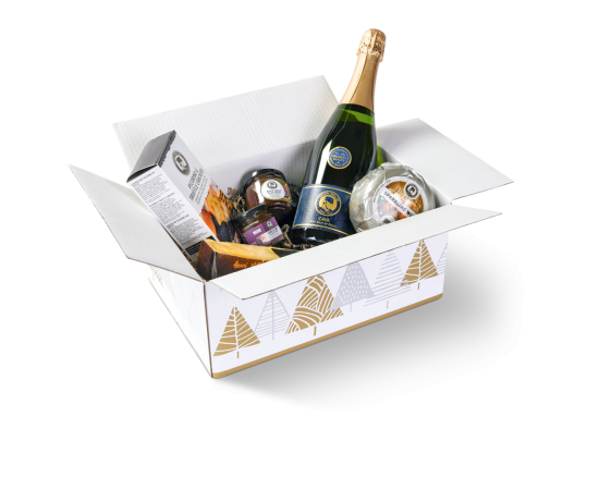An open white box with various (cheese) products presented inside.