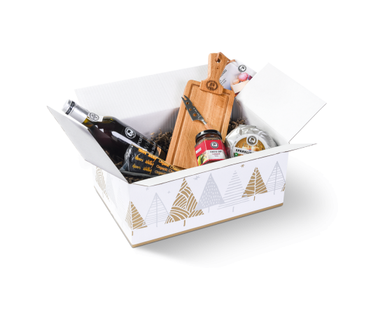 Open white box with various (cheese) products presented inside.