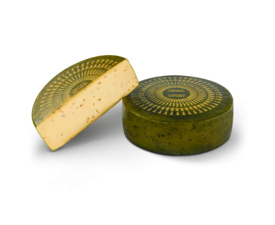 Half and whole Bio Fabulous Fenugreek cheese wheel.