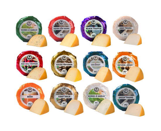 Twelve baby cheeses, each with a small piece of cheese in front.
