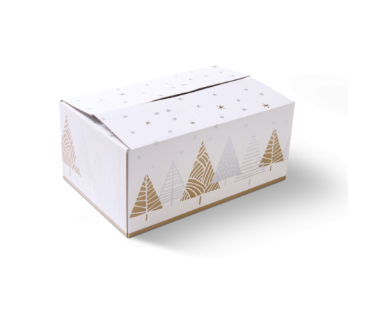 Weiße Schachtel mit Sternen- und Weihnachtsbaumdruck.
