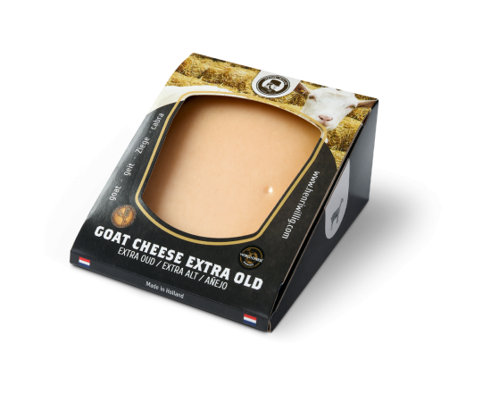 A piece of extra aged goat cheese in the packaging