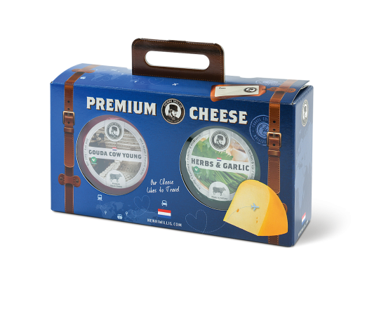 Coffret en carton bleu contenant deux petites meules de fromage.