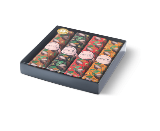 Boîte avec 4 barres de chocolat aux saveurs variées