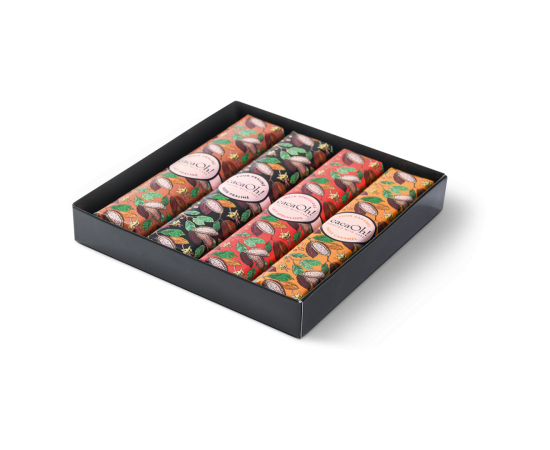Boîte avec 4 barres de chocolat aux saveurs variées