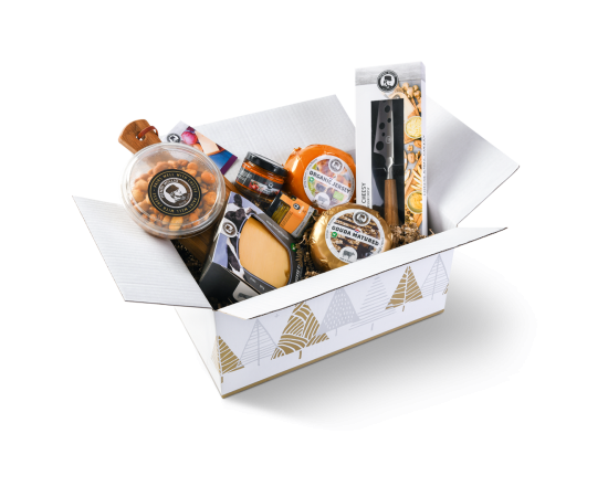 Gift box containing a selection of products, including cheese, a cheese board and cheese knife.