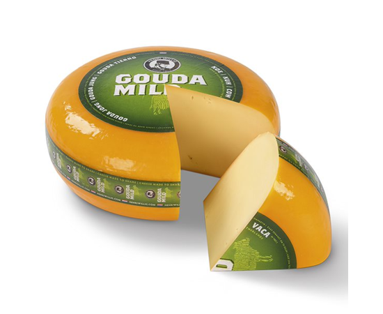 Gouda Jung, ganzes Käserad mit herausgeschnittenem Stück