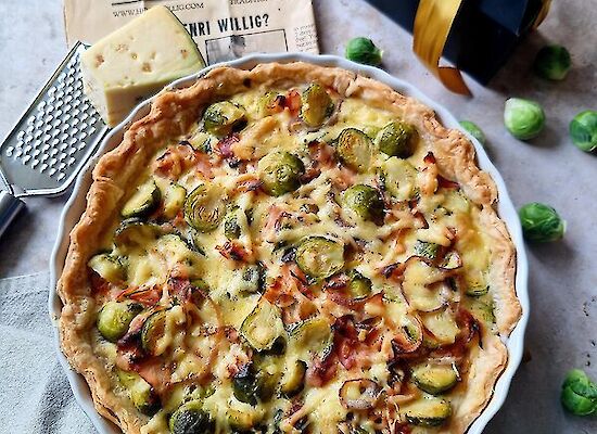 quiche with Brussels sprouts in a baking dish